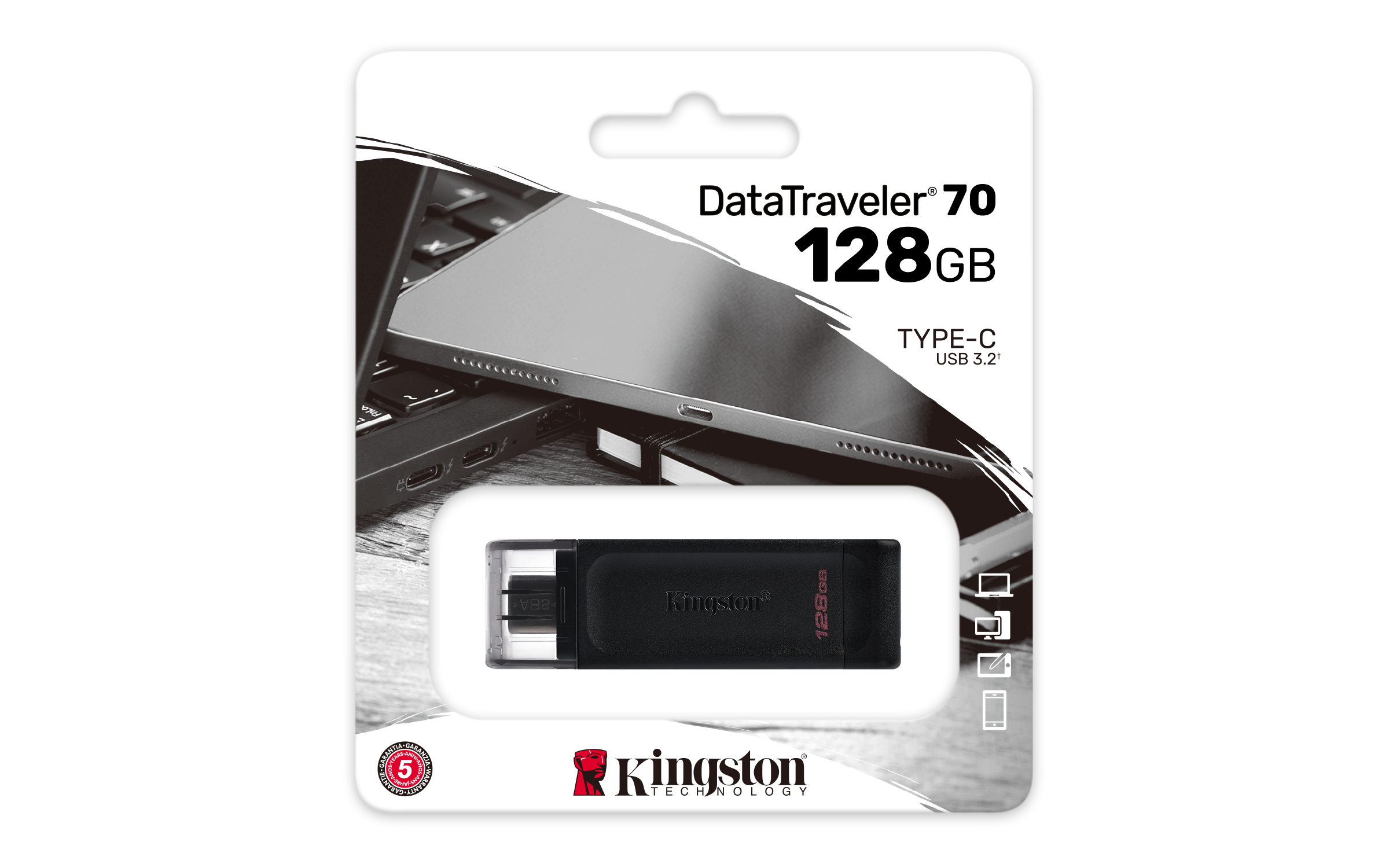 Kingston DT70 Pendrive USB-C Flash Drive 128GB USB 3.2, Black | USB C Tipa Flešatmiņa Zibatmiņa