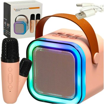 Karaoke komplekts ar Bluetooth skaļruni un 2 mikrofoniem, LED, 6W, rozā