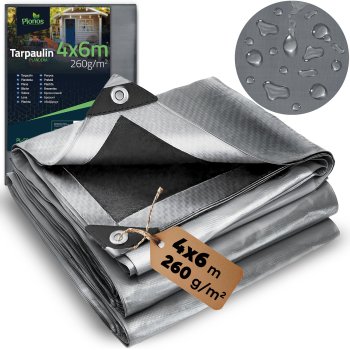 Pastiprināts ūdensizturīgs brezents 600 x 400 cm 260 g/m² Plonos PL-501, sudraba-melns