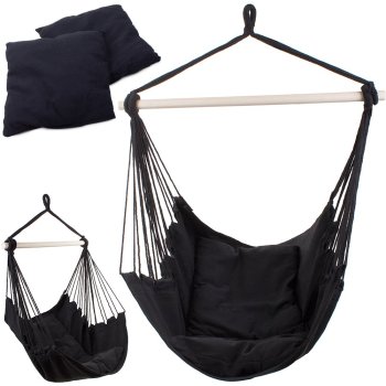 Dārza Šūpuļtīkls Šūpuļkrēsls ar Koka Rāmi un Spilveniem, Melns | Brazilian Hanging Garden Hammock-Chair with Cushions