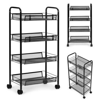 Metāla plaukts uz ritentiņiem ModernHome, 4 līmeņu virtuves organizators, melns