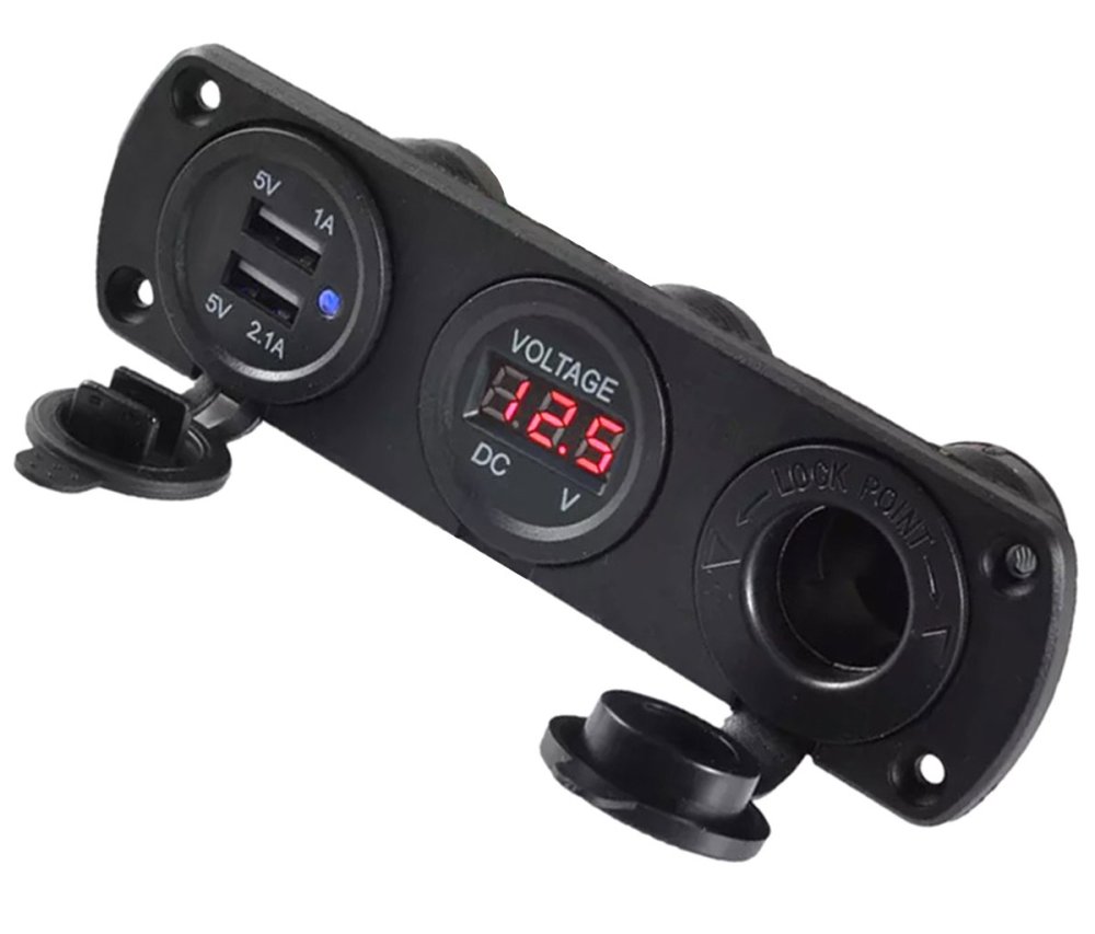 Ūdensizturīga 12V piepīpētāja ligzda ar USB lādētāju un voltmetru, melna (0)