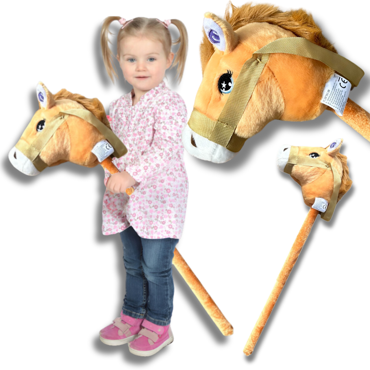 Rotaļu Zirdziņš Hobby Horse Plīša Zirga Galva uz Nūjas ar Skaņu, Gaiši brūns | Kids Toy Hobby Horse