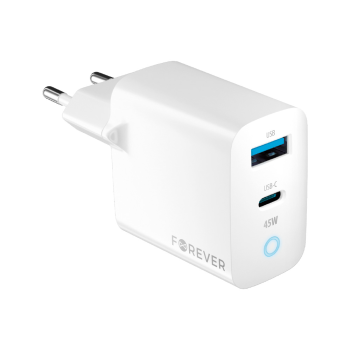Forever GaN Wall Charger 45W USB Type C + USB, White | Uzlādes Ierīce Lādētājs Adpaters