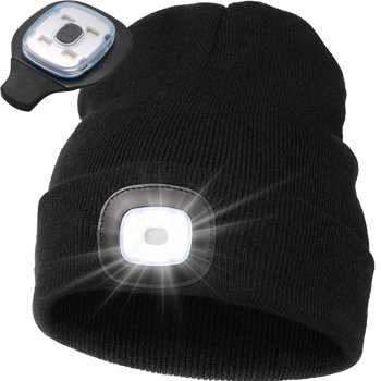 Ziemas cepure ar LED lukturīti, USB uzlāde, 3 režīmi, melna