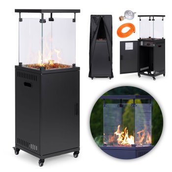 Gāzes sildītājs terasei 13 kW ar stikla cauruli, vulkāniskajiem akmeņiem un pārvalku