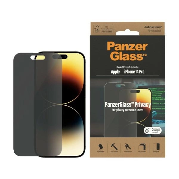 PanzerGlass Classic Fit antibakteriāls privātuma stikls iPhone 14 Pro | antibacterial privacy glass for