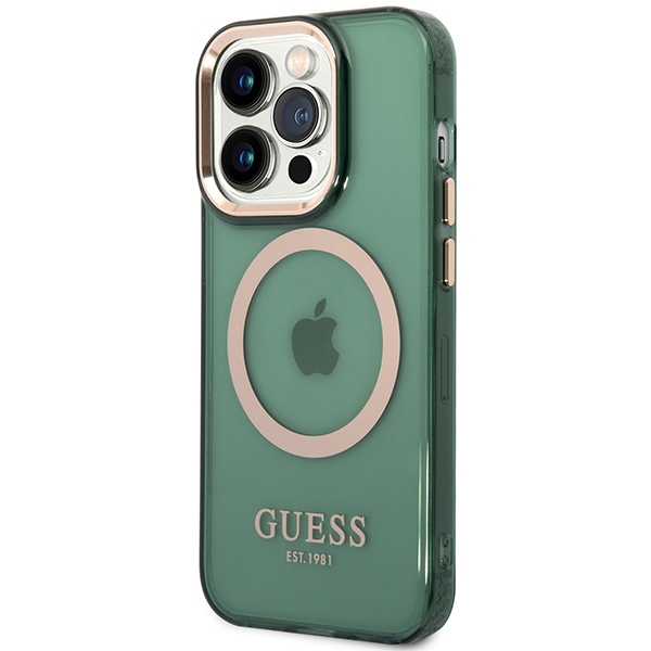 Guess iPhone 14 Pro Max vāciņš Gold Outline Translucent MagSafe, zaļš (0)