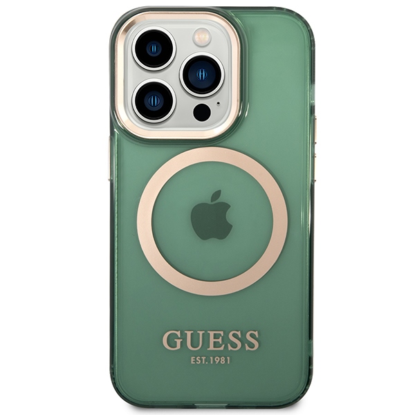 Guess iPhone 14 Pro Max vāciņš Gold Outline Translucent MagSafe, zaļš (1)
