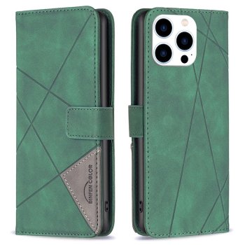 Apple iPhone 14 Pro 6.1'' Geometric Texture Wallet Stand Leather Phone Book Case Cover, Green | Telefona Vāciņš...