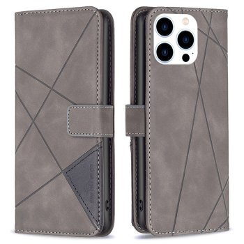 Apple iPhone 14 Pro 6.1'' Geometric Texture Wallet Stand Leather Phone Book Case Cover, Grey | Telefona Vāciņš...