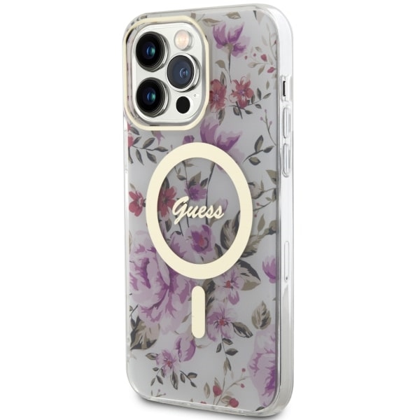 Guess iPhone 14 Pro vāciņš Flower MagSafe, caurspīdīgs (0)