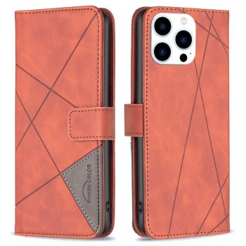 Apple iPhone 14 Pro 6.1'' Geometric Texture Wallet Stand Leather Phone Book Case Cover, Brown | Telefona Vāciņš...