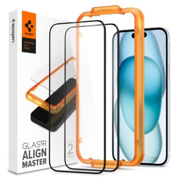 Apple iPhone 15 6.1'' Spigen "EZ FIT" Tempered Glass Screen Protector 2 pcs., Black | Telefona Ekrāna Aizsargstikls ar...