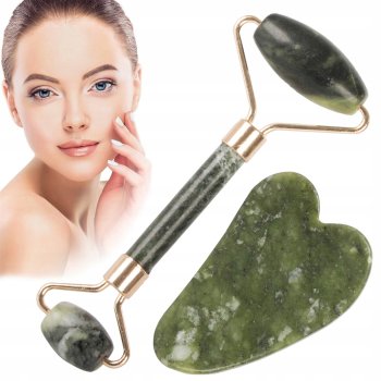 Nefrīta sejas masāžas rullītis + Gua Sha plāksne, Dažādas krāsas | Jade Face Roller with Gua Sha Massage Plate