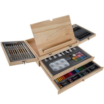 Mākslinieka zīmēšanas, gleznošanas piederumu komplekts ar molbertu koka koferī bērniem, 83 gb. (zīmuļi, krāsas, otas u.c.) | Painting Art Set with Easel and Suitcase