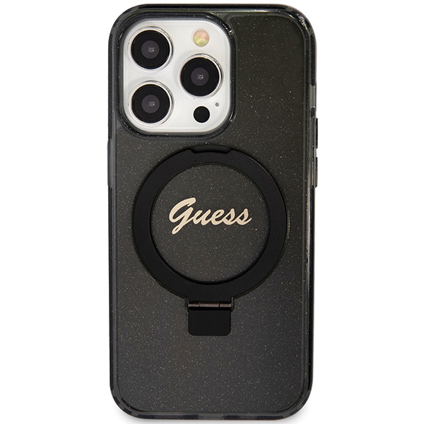 Guess Ring Stand Script Glitter MagSafe apvalks iPhone 15 Pro Max - melns | case for black (1)