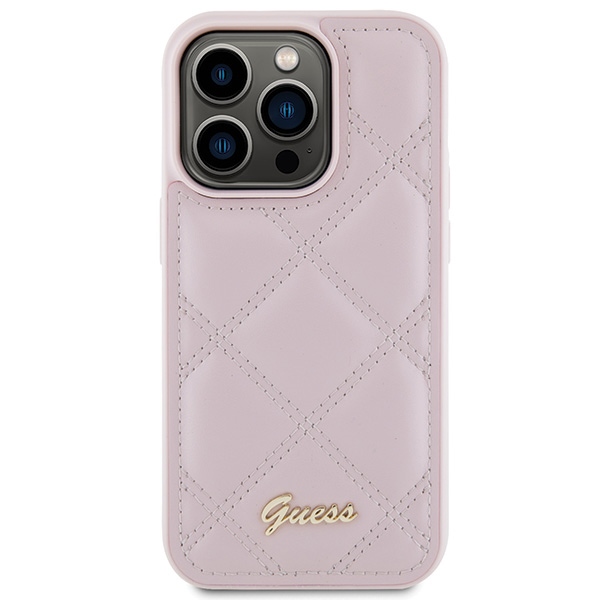 Guess stepēts metāla logo korpuss iPhone 15 Pro - rozā krāsā | Quilted Metal case for pink (1)