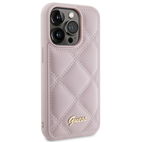 Guess stepēts metāla logo korpuss iPhone 15 Pro - rozā krāsā | Quilted Metal case for pink (2)