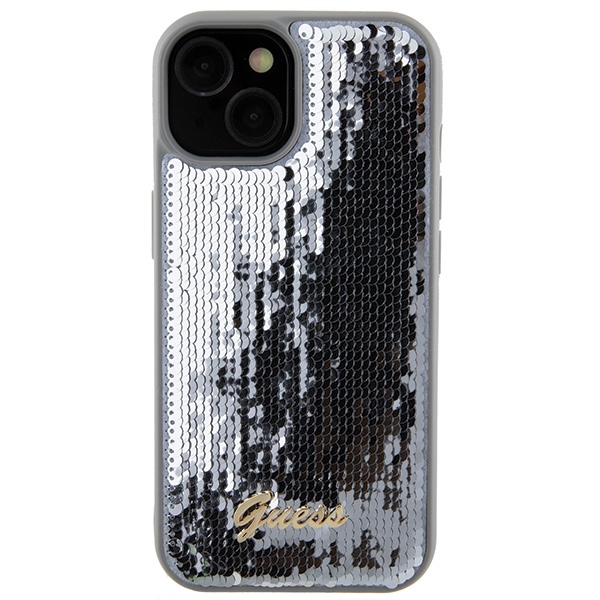 Guess Sequin Script metāla vāciņš iPhone 15 - sudraba krāsā | Metal case for silver (1)