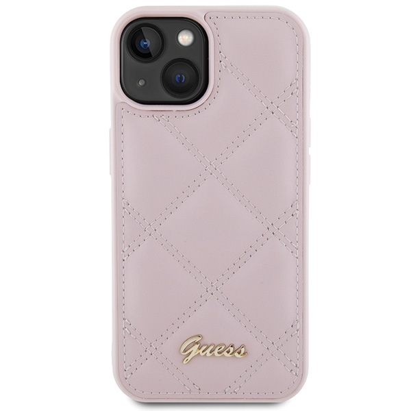 Guess stepēts metāla logo korpuss iPhone 15 - rozā krāsā | Quilted Metal case for pink (1)