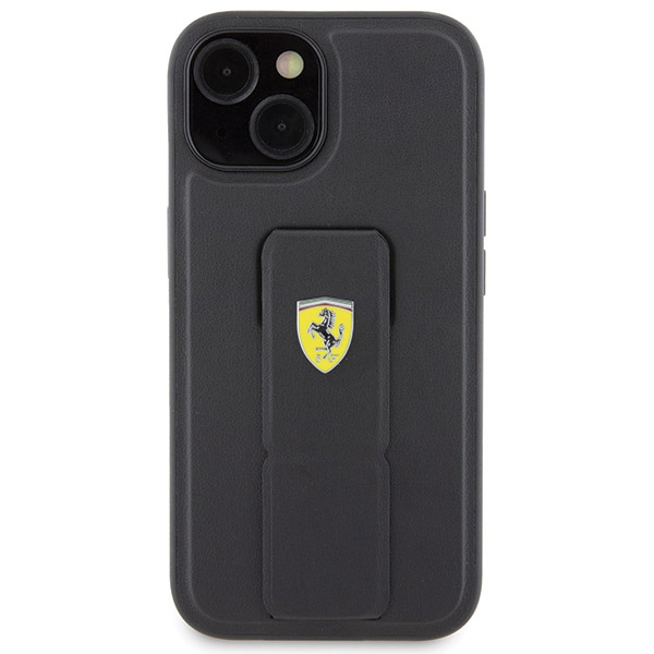 Ferrari Grip Stand metāla vāciņš ar logotipu iPhone 15 - melns | Metal Logo case for black (1)
