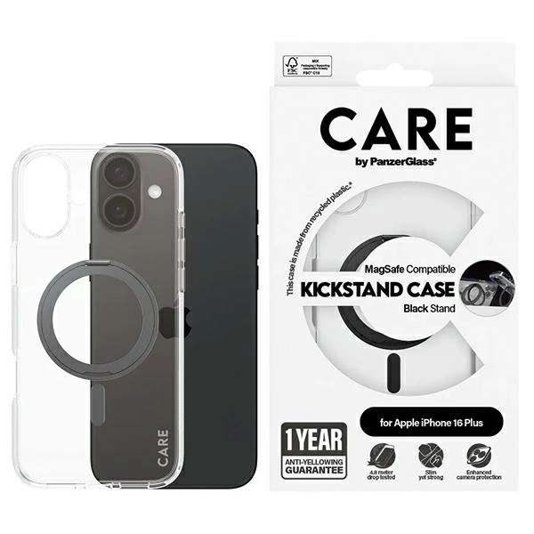 Apple iPhone 16 Plus 6.7'' CARE by PanzerGlass Feature Kickstand MagSafe Case Cover, Black | Telefona Vāciņš...