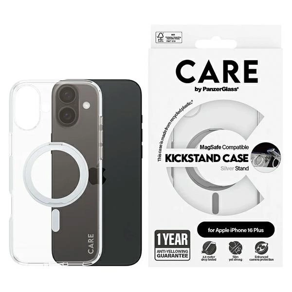 Apple iPhone 16 Plus 6.7'' CARE by PanzerGlass Feature Kickstand MagSafe Case Cover, Silver | Telefona Vāciņš...