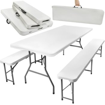 Saliekams Dārza Piknika Galds + 2 Soliņi, 180x74x74 cm, Balts | Folding Picnic Table