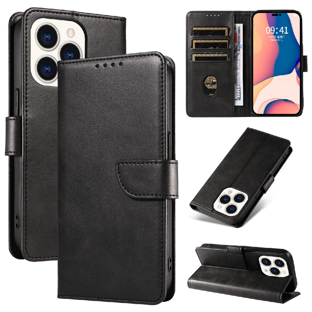 Ādas grāmatas tipa maciņš iPhone 16 Pro Max - melns | Leather Book Phone Case Cover Black (1)