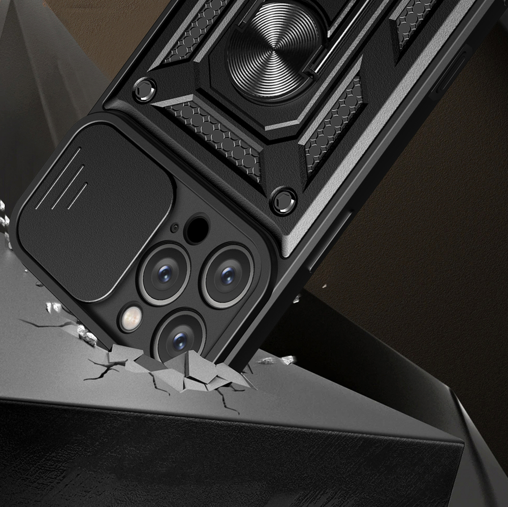 Hybrid Armor Camshield iPhone 16 Pro Max bruņu maciņš ar kameras aizsargu un statīvu - melns | Armored Case With... (0)