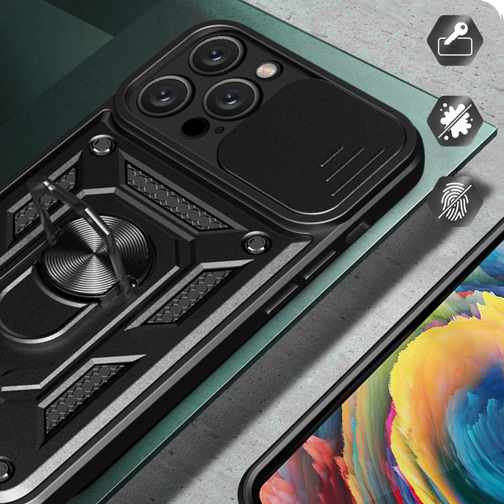 Hybrid Armor Camshield iPhone 16 Pro Max bruņu maciņš ar kameras aizsargu un statīvu - melns | Armored Case With... (2)