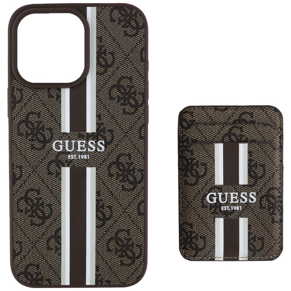 Guess 4G Stripes vāciņš ar MagSafe maku priekš iPhone 16 Pro Max, brūns | Case With Wallet Max Brown (1)