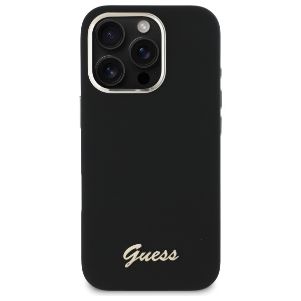 Guess Silicone Script Metal Logo & Frame vāciņš iPhone 16 Pro Max – melns | Phone Case Cover (1)