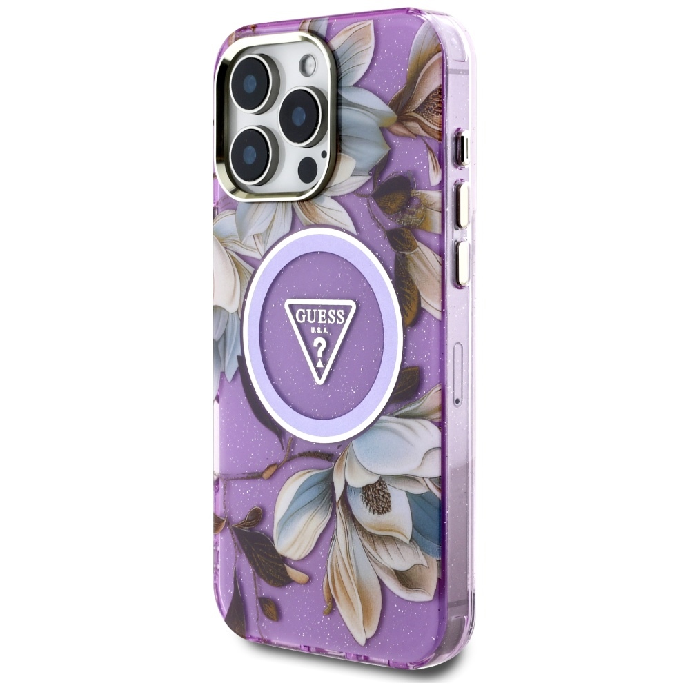 Guess Glitter Flowers Triangle Buttons MagSafe vāciņš ar MagSafe iPhone 16 Pro Max, violets | Phone Case Cover (0)
