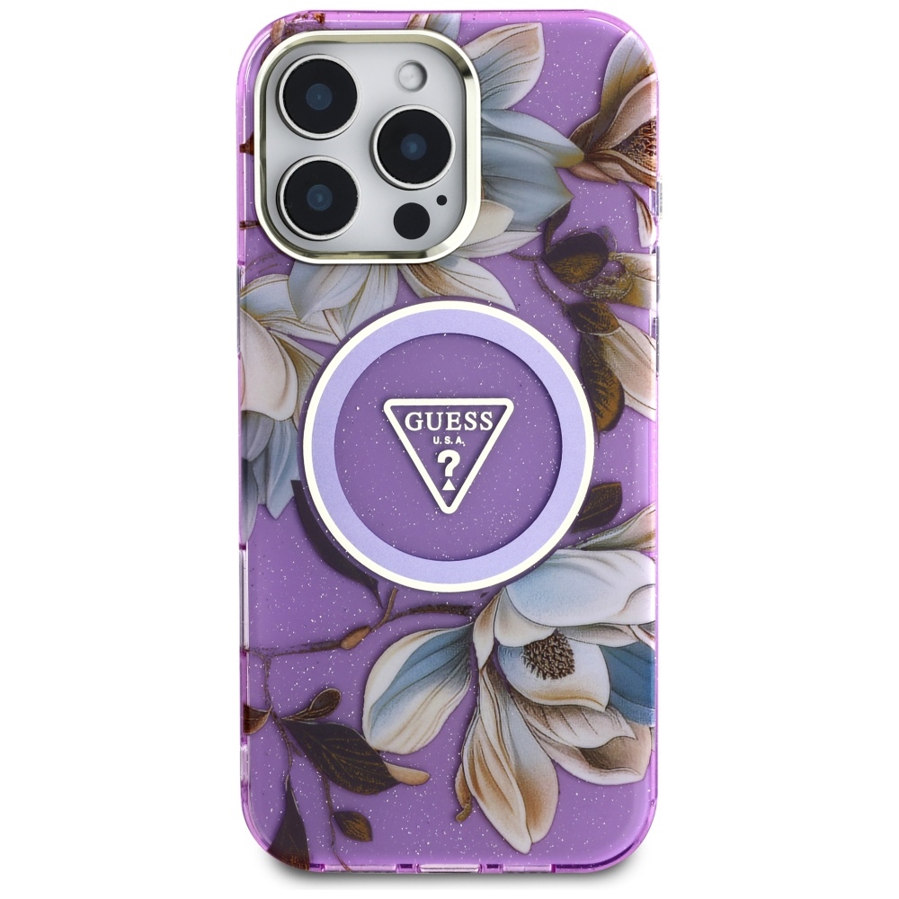 Guess Glitter Flowers Triangle Buttons MagSafe vāciņš ar MagSafe iPhone 16 Pro Max, violets | Phone Case Cover (1)