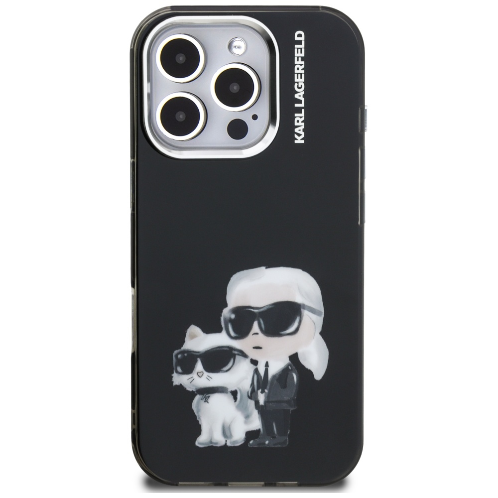Karl Lagerfeld IML Aquarelle Karl & Choupette & Logo vāciņš iPhone 16 Pro Max tālrunim – melns | Phone Case Cover (1)
