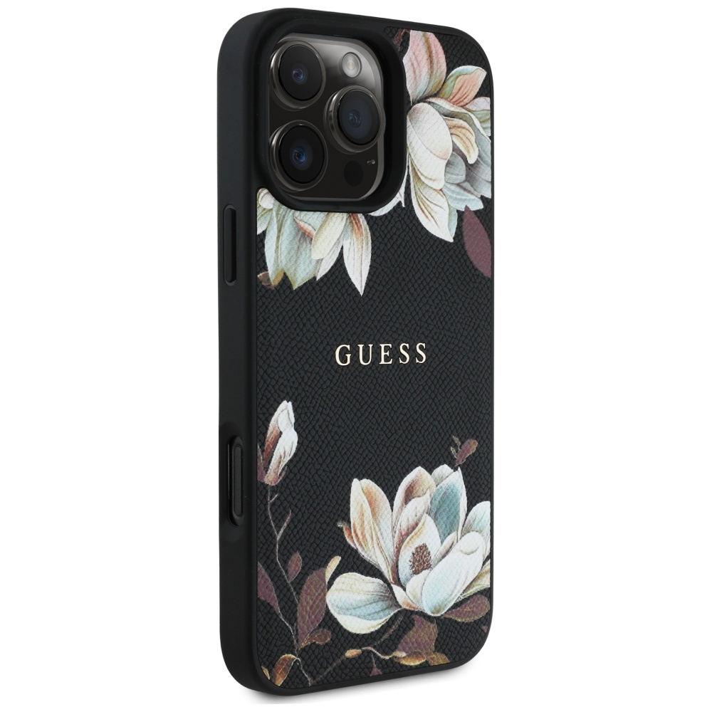 Guess grained drukāts ziedu raksta MagSafe apvalks iPhone 16 Pro Max, melns | Phone Case Cover (2)