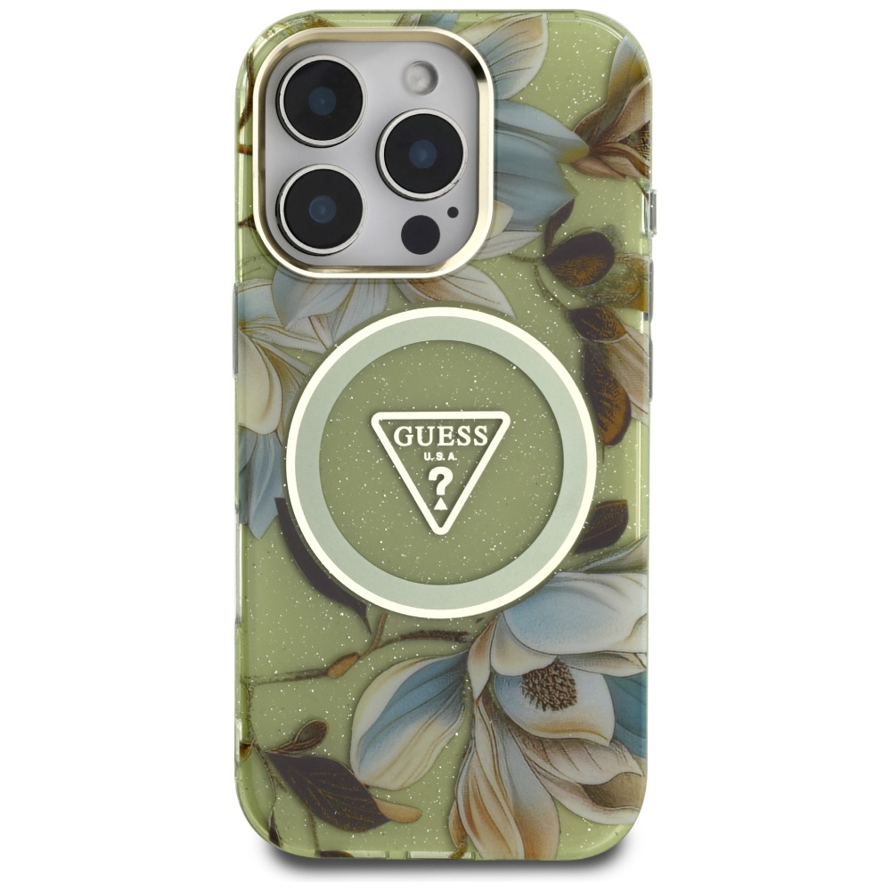 Guess Glitter Flowers Triangle Buttons MagSafe vāciņš iPhone 16 Pro Max, zaļš | Phone Case Cover (1)