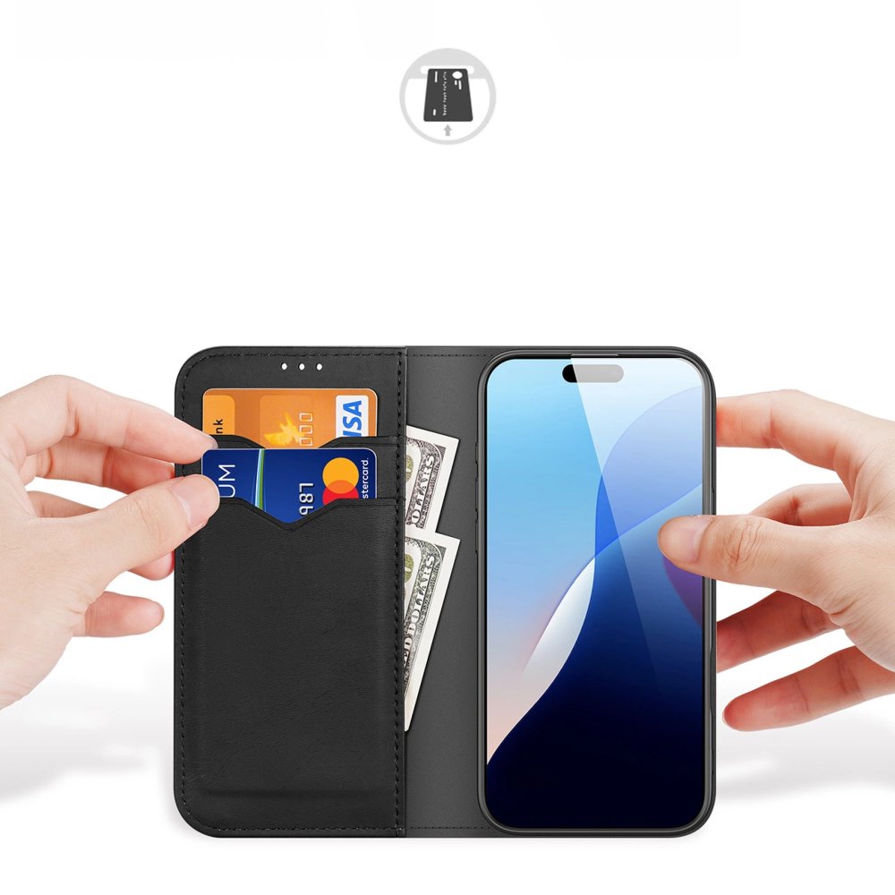 Apple iPhone 16 Pro 6.3'' Dux Ducis Hivo Genuine Leather Book Case Cover, Black | Telefona Vāciņš Maciņš Apvalks... (2)