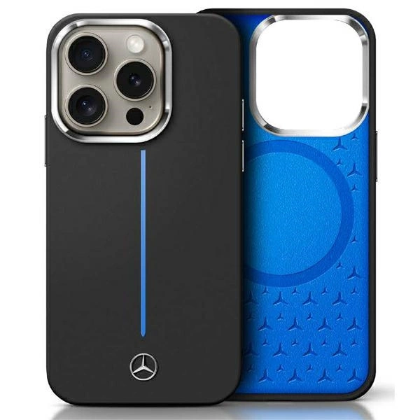 Mercedes MEHMP16S23SUMBK iPhone 16 6.1" melns/ melns cietais futrālis Silikona Blue Stripe MagSafe | black/black...