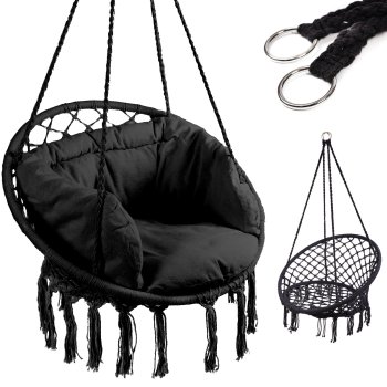 Dārza Mājas Šūpuļtīkls Šūpoles Krēsls no Pītām Virvēm "Stārķa ligzda" ar Spilvenu, Melns | Hammock Chair Swing "Stork Nest"