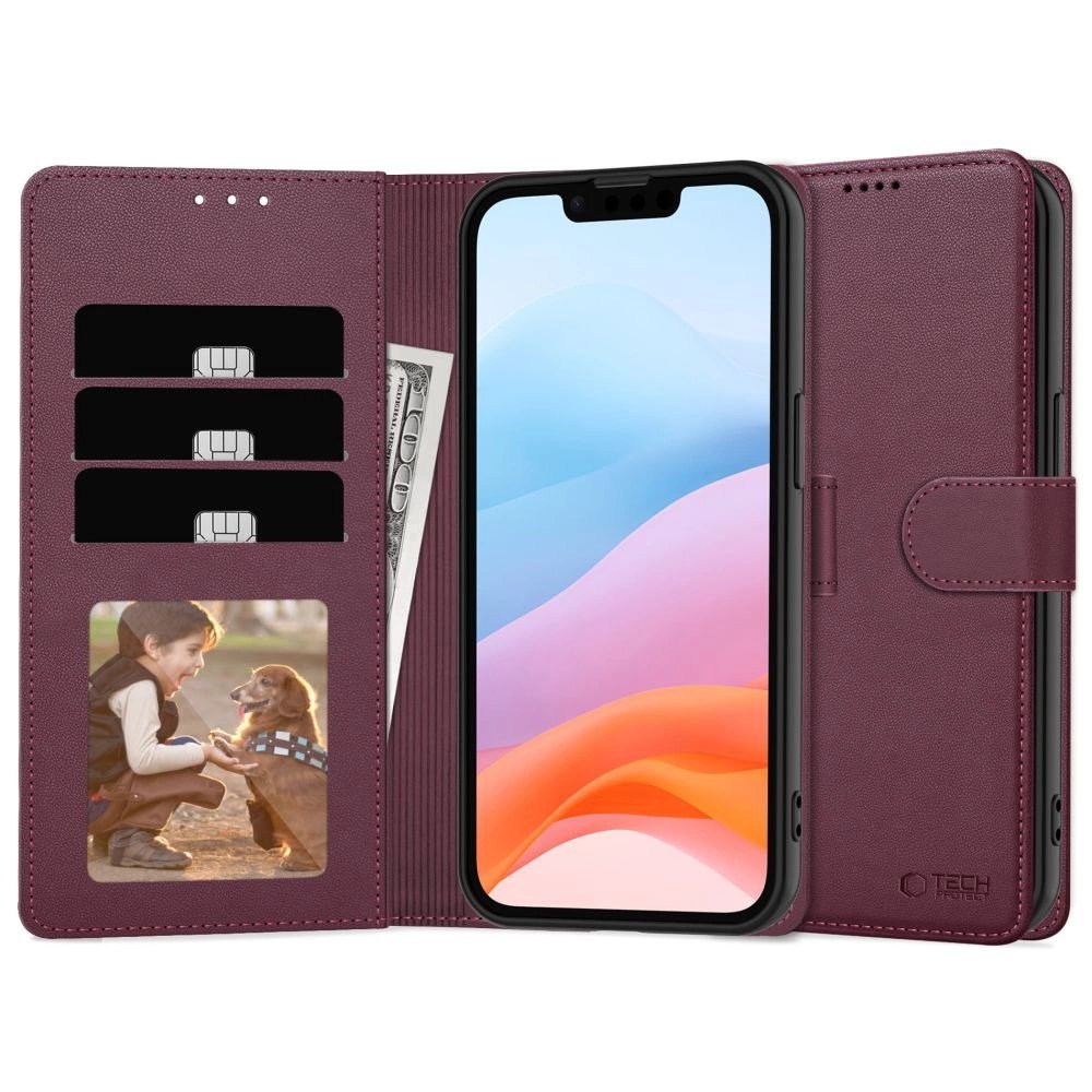 Apple iPhone 16e / 17e / SE (2025) 6.1'' Tech-Protect Wallet Book Case Cover, Burgundy | Telefona Vāciņš Maciņš... (1)