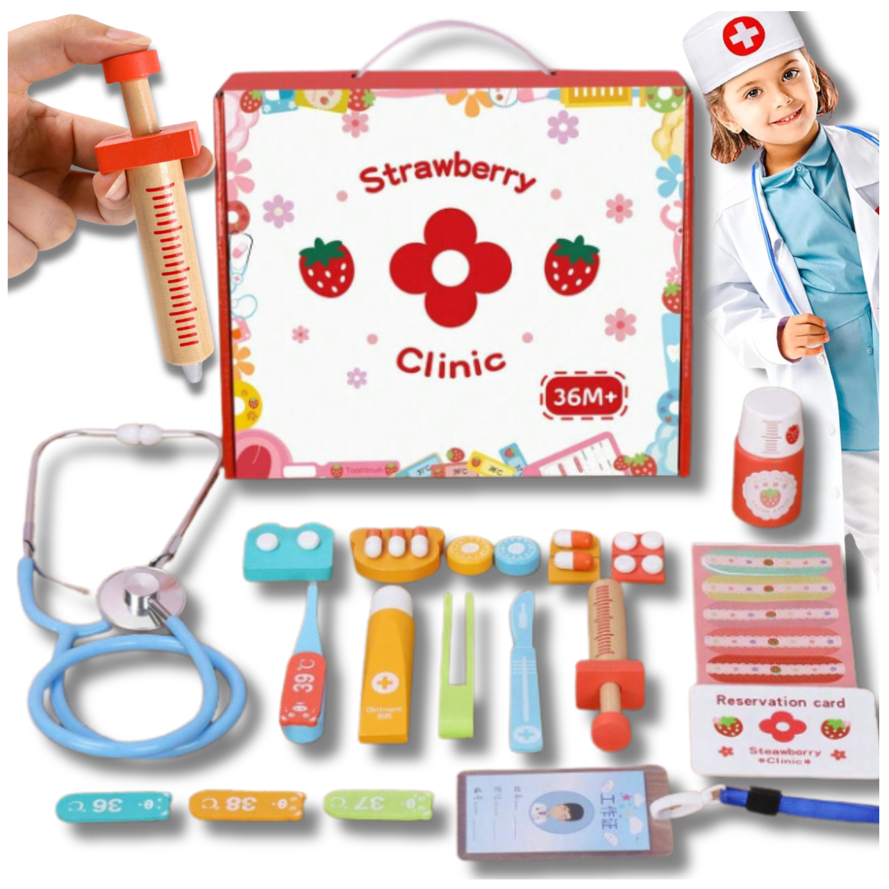 Koka ārsta komplekts ar stetoskopu, rotaļu daktera piederumi | Wooden Toy Doctor Set