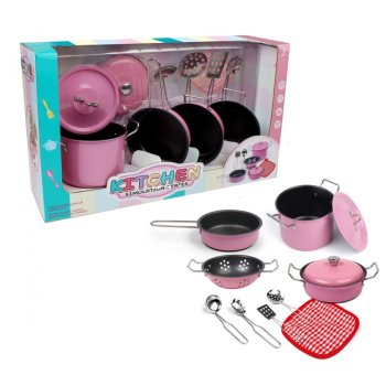 Bērnu rotaļu virtuves trauku komplekts (katls, panna, kauss, lāpstiņa u.c.), Rozā | Kids Kitchen Cooking Utensils Set