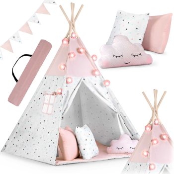 Bērnu Telts Tipi ar Gaismas Virteni Nukido, Rozā krāsā | Baby Tipi Tent with Light Garland