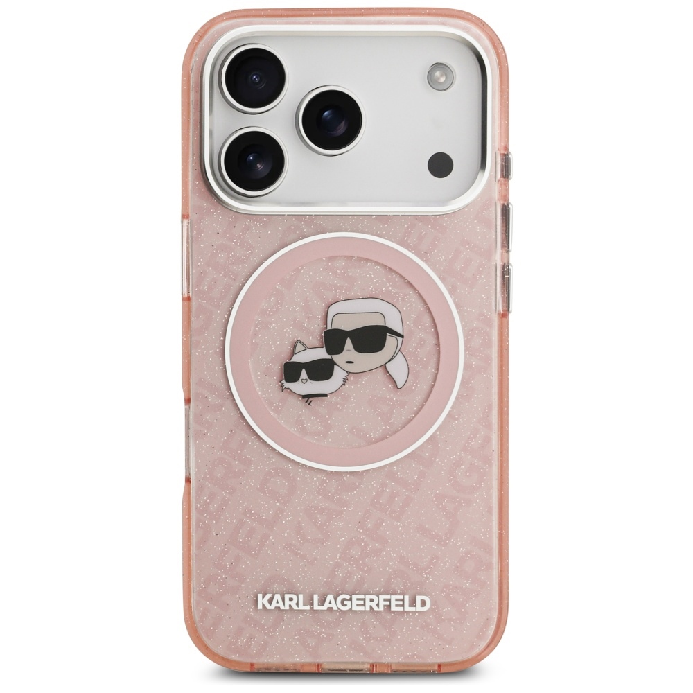 Karl Lagerfeld IML Glitter Karl & Choupette Heads Logo maciņš ar MagSafe iPhone 17 Pro — rozā | Phone Case Cover (1)