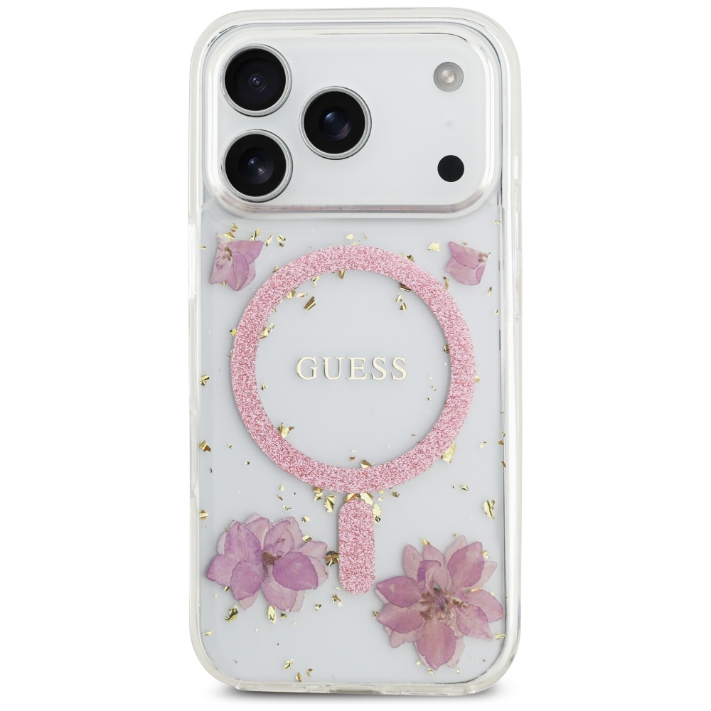 Guess Resin Flowers Glitter MagSafe MagCase iPhone 17 Pro telefonam – rozā | Phone Case Cover (1)