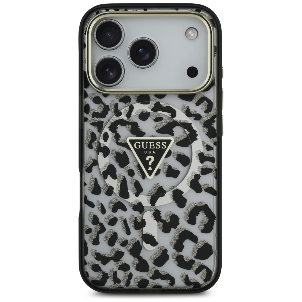 Guess Leopard Glitter MagSafe MagCase iPhone 17 Pro telefonam – melns ar leopardu mirdzumu | Phone Case Cover (1)