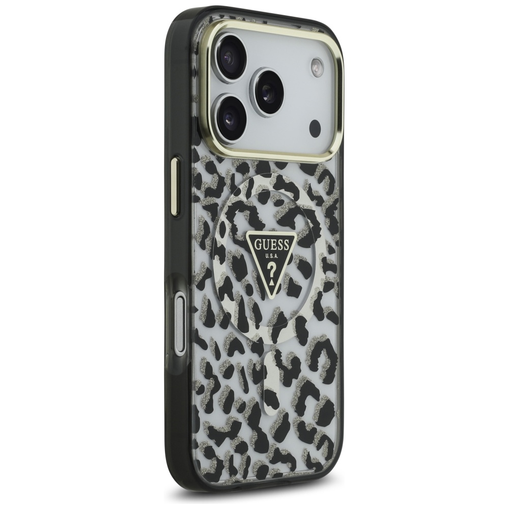 Guess Leopard Glitter MagSafe MagCase iPhone 17 Pro telefonam – melns ar leopardu mirdzumu | Phone Case Cover (2)